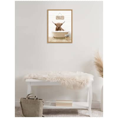 Kate and Laurel Sylvie Highland Cow in Modern Bathtub Wash Your Horns Framed Canvas by Amy Peterson