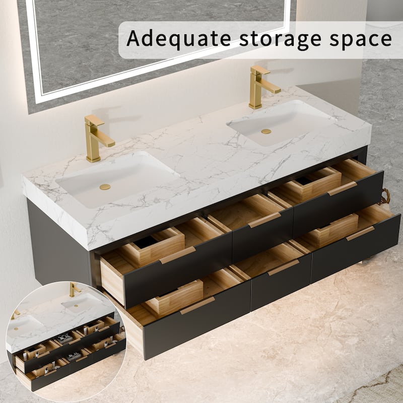 60" Wall-Mount Double Vanity with LED Light. - 60 inch