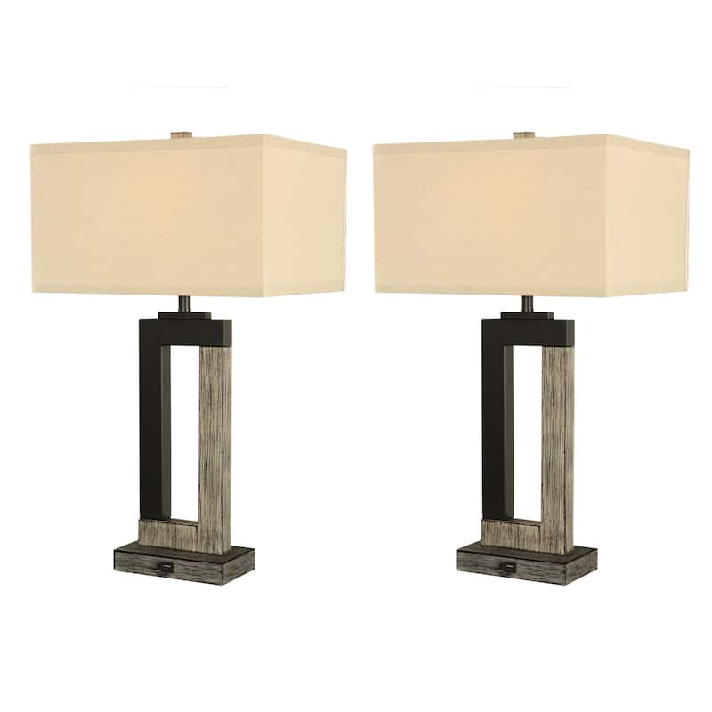 Rectangle Wood USB Table Lamps Set of 2