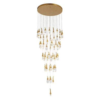 60-Light D28" Antique Brass Metal LED Chandelier With Clear Crystals