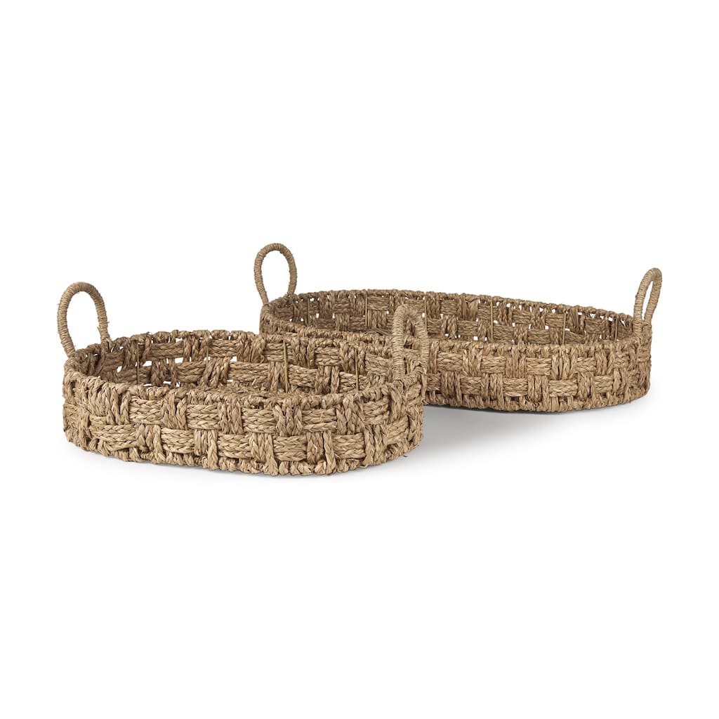Haini Brown Seagrass Trays With Handles (Set of 2) - 26.0L x 16.1W x 3.9H