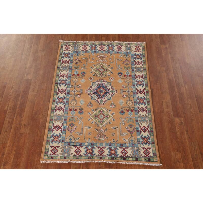 Orange Kazak Rug Hand-Knotted Wool Carpet - 3'5"x 4'10"
