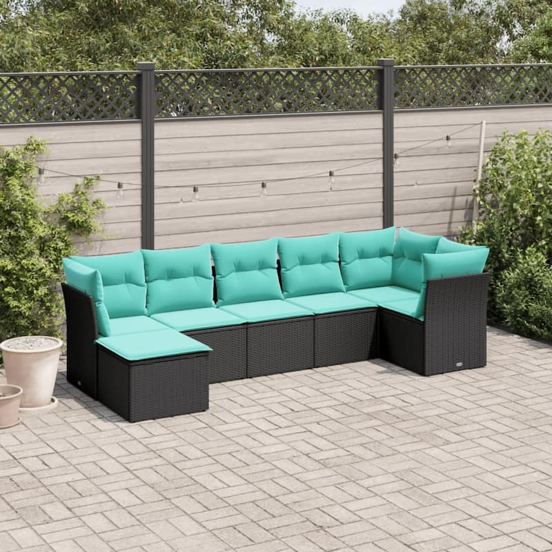 vidaXL 7 Piece Patio Sofa Set with Cushions Black Poly Rattan - 113.8x27.2x48.8-Without table