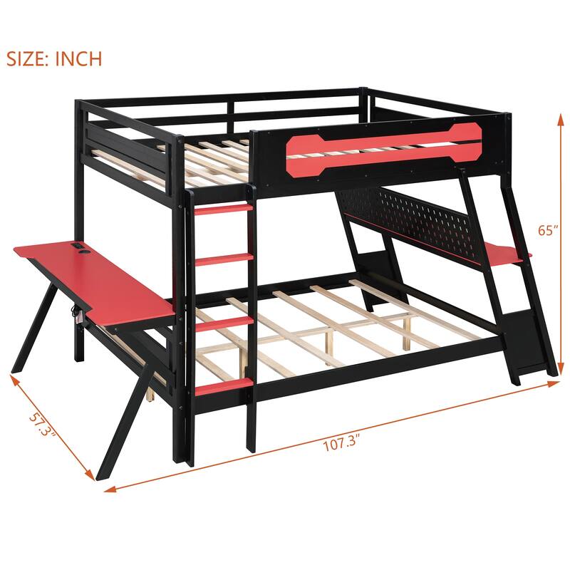 Roomfitters Full Size Bunk Bed with Two Built-In Gaming Desks, USB Ports and Pegboard