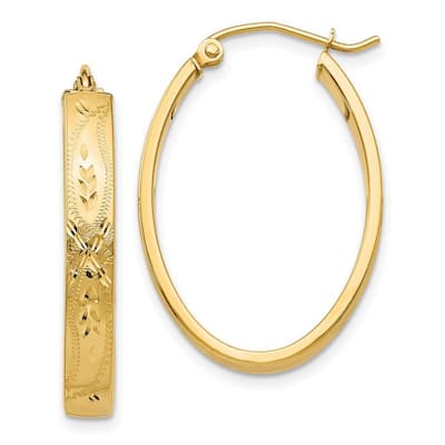 Curata 14k Yellow Gold Satin and Floral Diamond Cut Oval Hoop Earrings (3mm x 20mm)