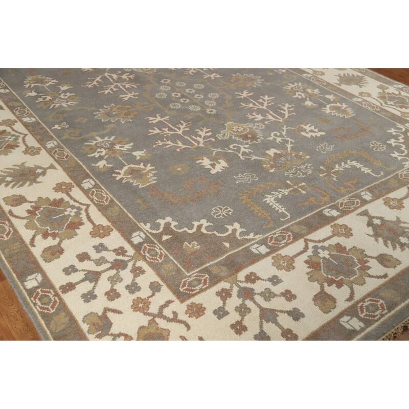 Gray Oushak Indian Area Rug Handmade Transitional Floral Wool Carpet - 9'2" x 11'7"