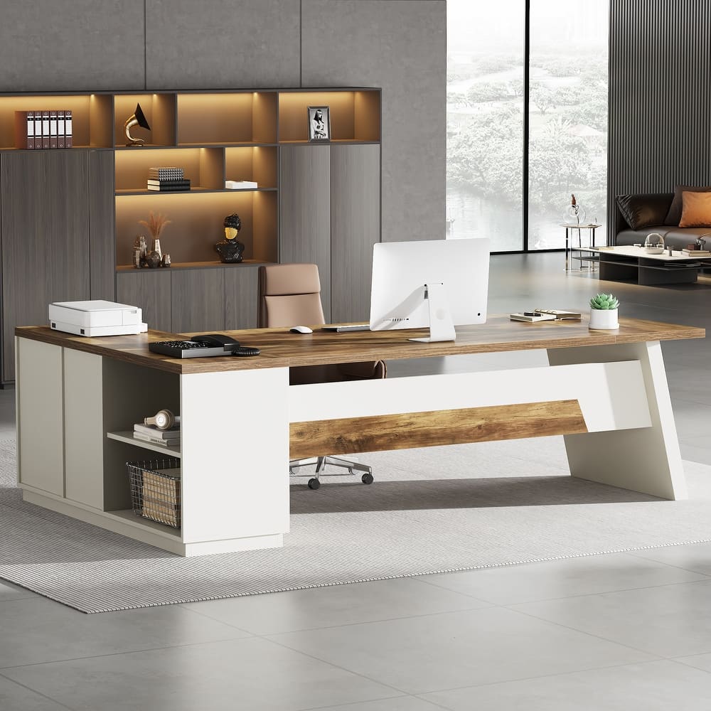 L-shaped Executive Computer Desk with Drawers and Lateral File Cabinet for Office