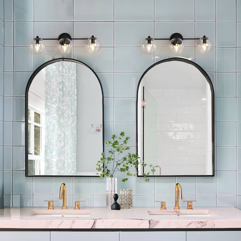 Mid-Century Modern 3-Light Black Gold Bathroom Vanity Light Globe Glass Wall Sconces