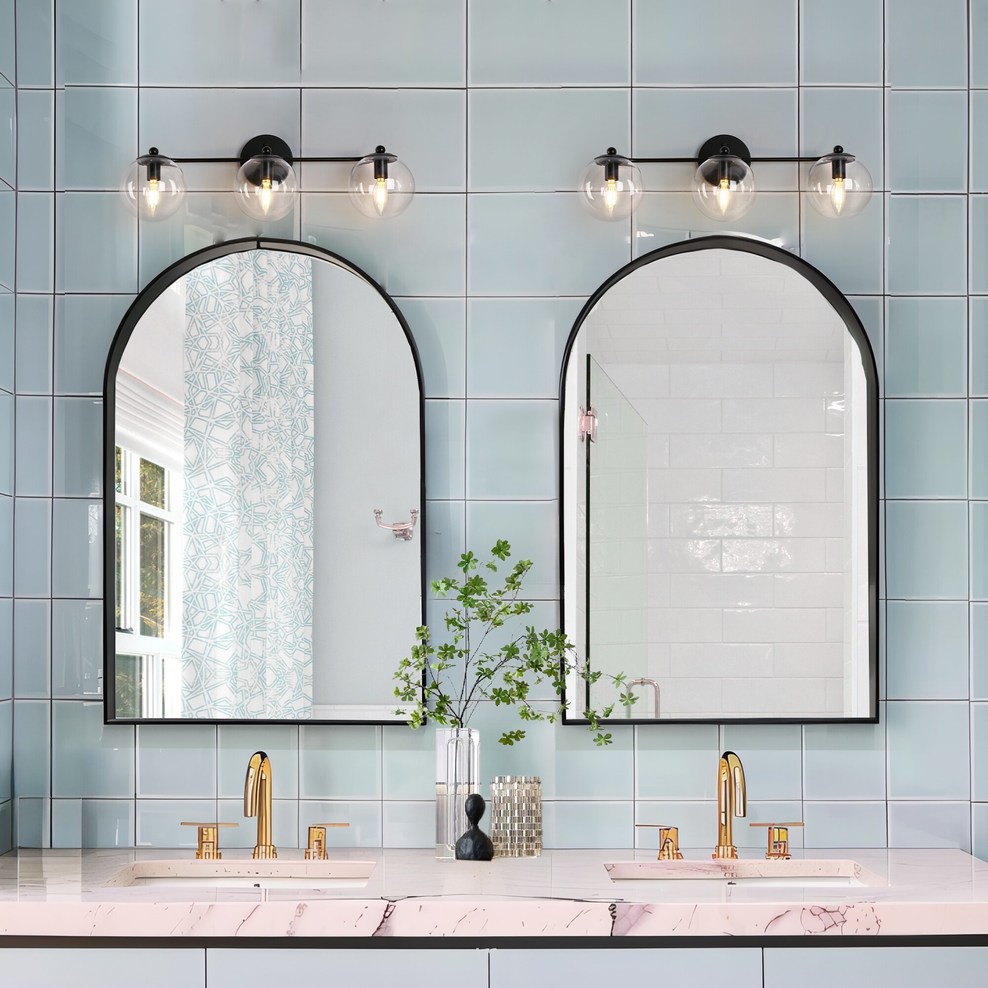 Modern 3 Light Black Bathroom Vanity Lights Linear Fixtures with Clear Triple globe Glass Shades Wall Sconces for Bathroom On Sale Bed Bath Beyond 38428986