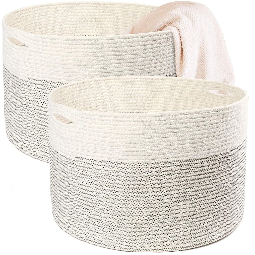 2Pcs Coiled Rope Woven Storage Laundry Baskets