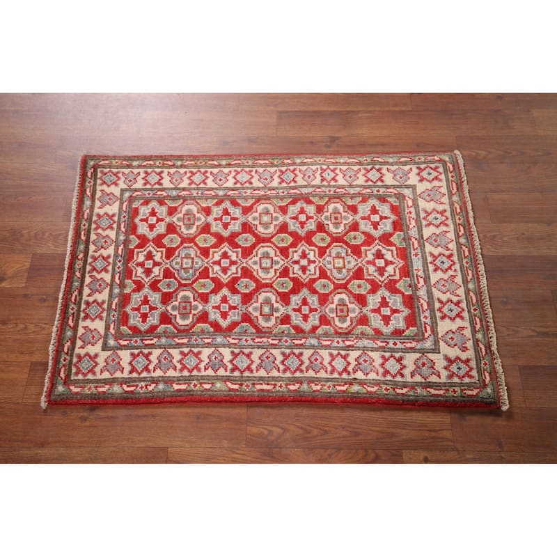 Geometric Kazak Foyer Rug Handmade Oriental Red Wool Carpet - 2'0" x 3'0"