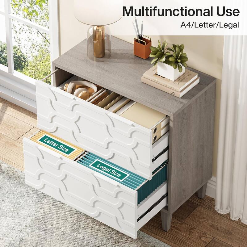 2-Drawer File Cabinet, Lateral Filing Cabinet, Office Storage Cabinet, Printer Stand with Storage Drawer White & Gray