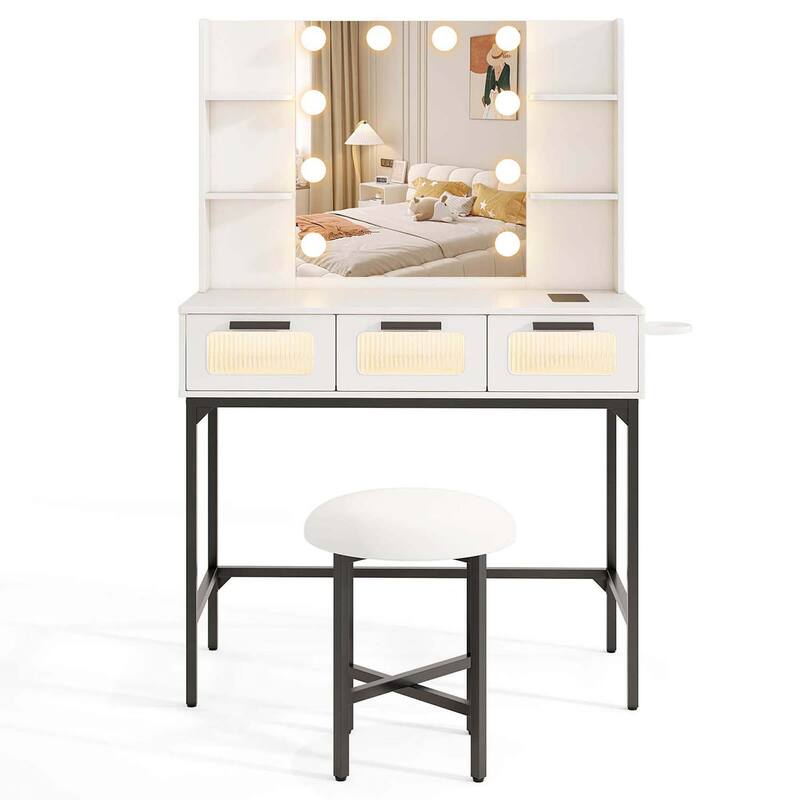 Vanity Desk w/Mirror＆Lights Modern Vanity Dressing Table w/Stool - White