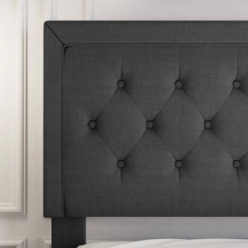 Modern Linen Upholstered Platform Bed with Tufted Button Headboard and Wood Slat Support