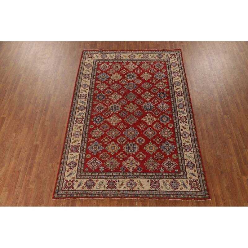 All-Over Geometric Kazak Area Rug Hand-Knotted Wool Carpet - 6'6" x 9'6"
