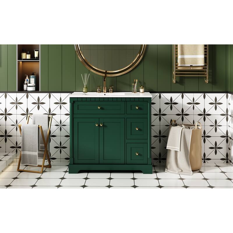 Roomfitters 36 Inch Bathroom Vanity with Sink, Modern Storage Cabinet with Adjustable Shelf and Drawers, Green