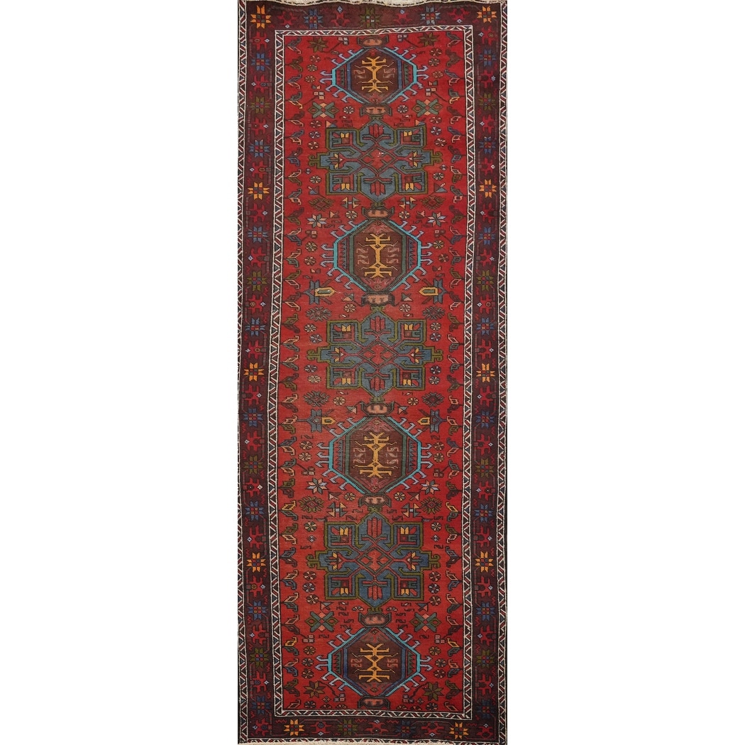 Hand Knotted Oriental 100% Wool Carpet Traditional Geometric Red Heriz Runner Rug - 10' 9'' X 3' 2''