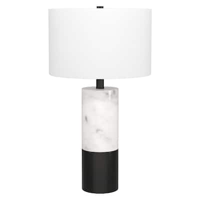 Stylish Black and White Marble Cylinder Table Lamp with Drum Shade - 13" x 13" x 23.75"