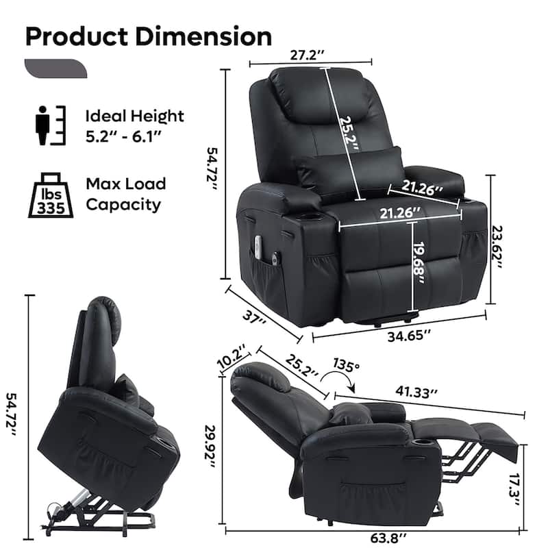 Bestier 34.6" Electric Power Lift Asist Recliner Chair with Massage and Heat,Fax Leather Reclining Chair with Side Pockets