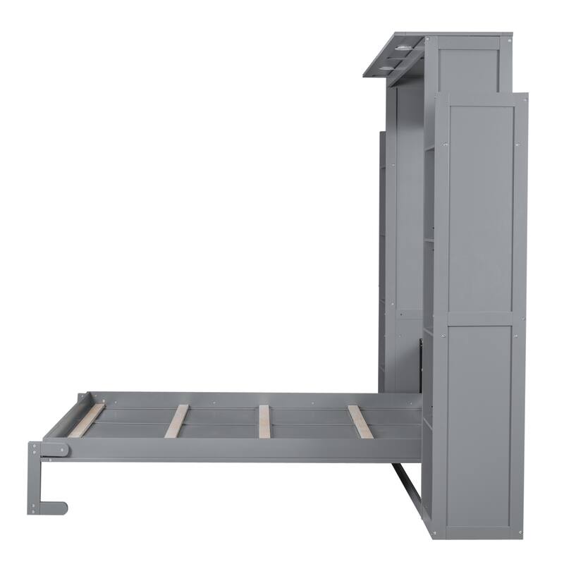 Murphy Bed Frame Foldable Into Wall Cabinet with Bookshelf & LED Light