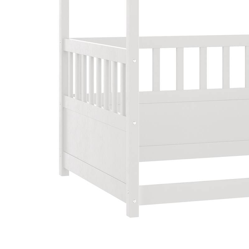 Twin Size Wooden Canopy Bed Frame with Guardrails for Kids, Montessori Floor Bed in White