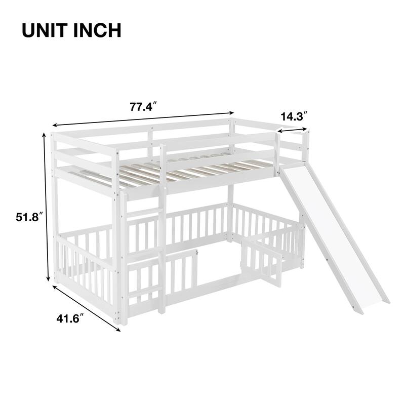 Solid Pine Wood Twin Over Twin Bunk Bed with Slide, Door, Ladder, and Guardrails, Convertible Floor Bunk Bed for Kids
