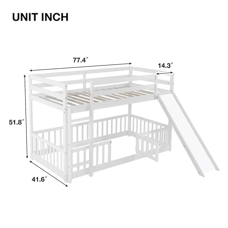 Twin Over Twin Floor Bunk Bed with Slide and Convertible 3-Way Design Safety Door & Guardrails (250lb Capacity)