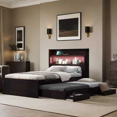 Twin XL Size Platform Bed with Storage LED Headboard, Charging Station, Twin Size Trundle and 2 Drawers