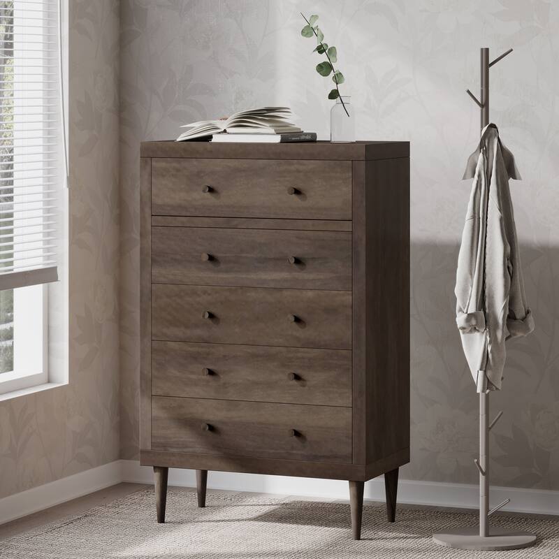 5-Drawer Vertical Chest, Modern Wooden Chest of Drawers with Spacious Storage Space for Bedroom, Hallway, Lliving room - Walnut