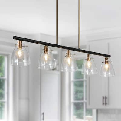 Carrall Modern Contemporary 5-Light 38" L Black Gold Linear Chandelier Glass Pendant Lights for Dining Room