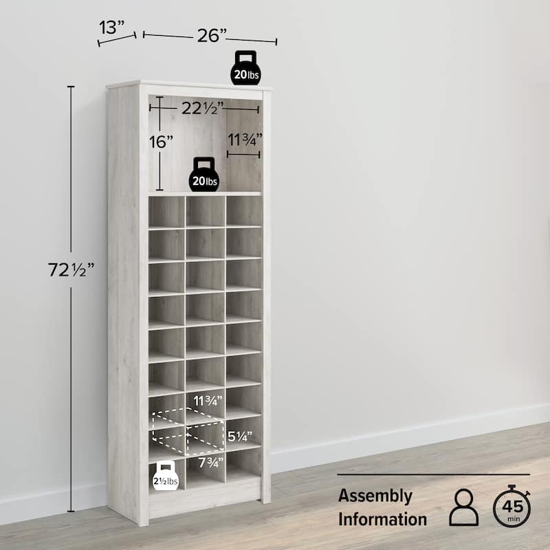 Prepac Rustic Ridge Shoe Cabinet 13" D x 26" W x 72.5" H - 26 in W x 72.5 in H x 13 in D - Washed White