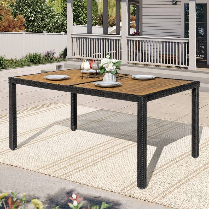 Patio Dining Table, Acacia Wood Top, PE Rattan-Wrapped Metal Frame, Black