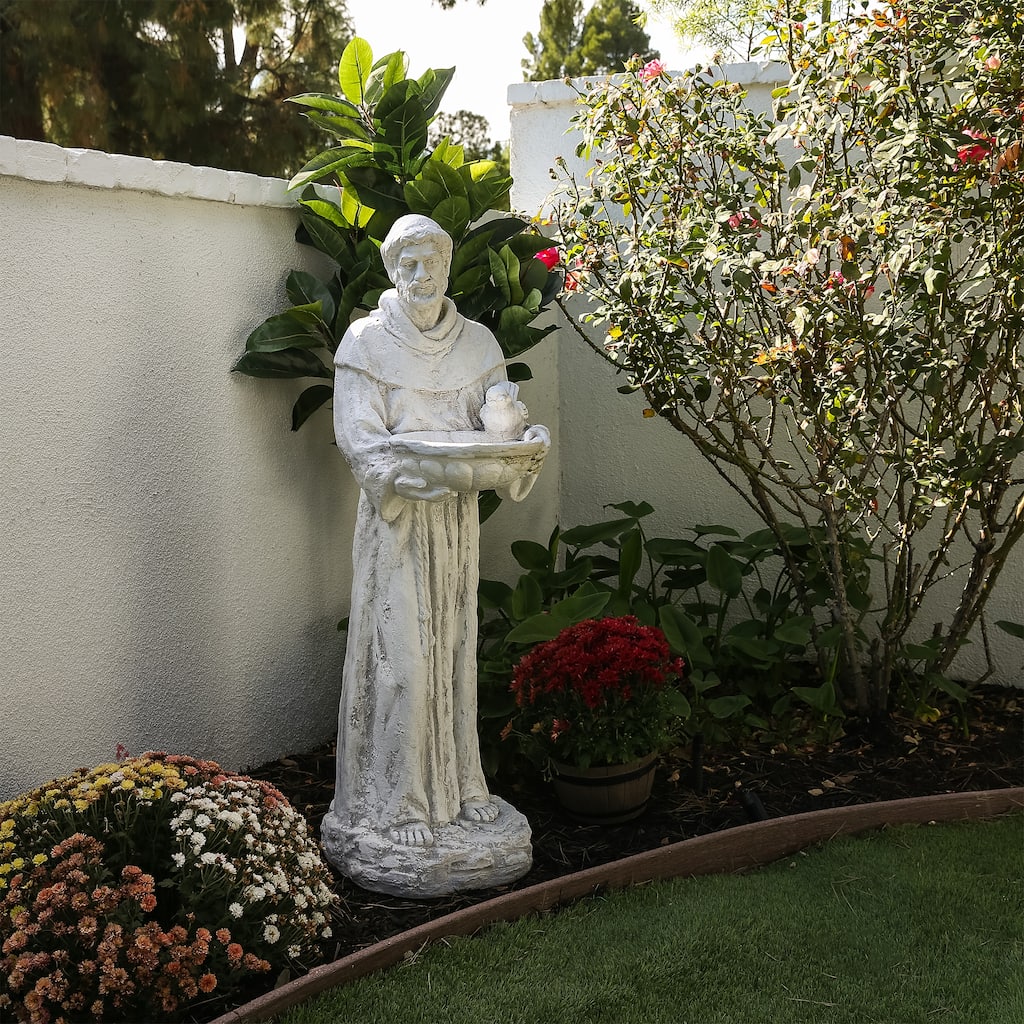 Alpine Corporation 45" Tall Outdoor Saint Francis Birdbath Statue Yard Art Decoration, Light Gray