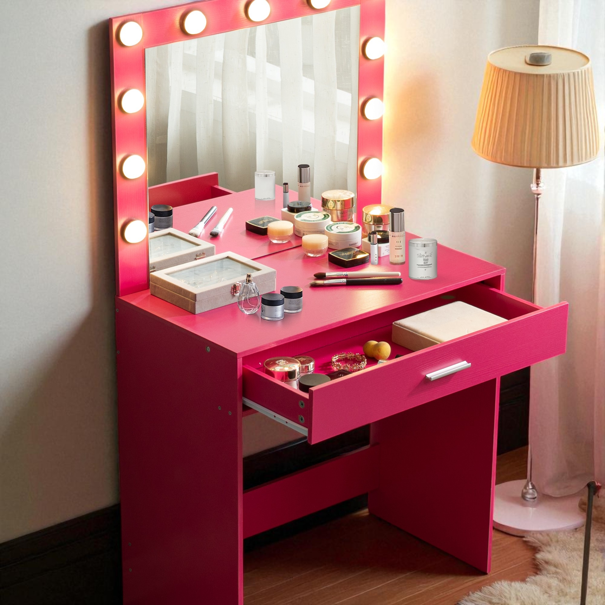 Makeup Vanity Desk with Mirror and LED Lights, Large Drawer, Adjustable Brightness and Storage Shelf