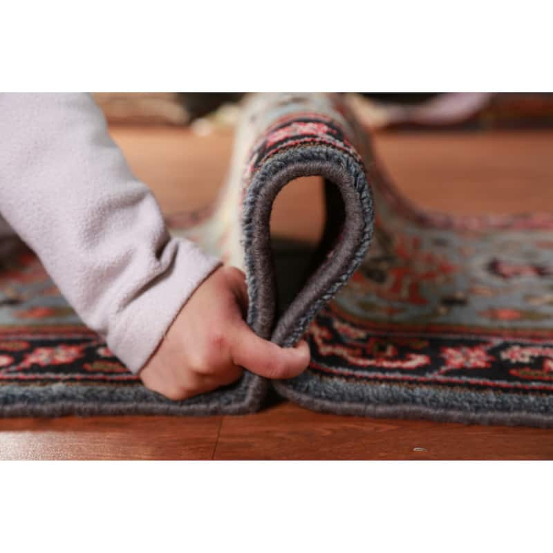 Hand Knotted Oriental 100% Wool Carpet Traditional Geometric Navy Blue & Blues Heriz (serapi) Runner Rug - 7' 11'' X 2' 7''