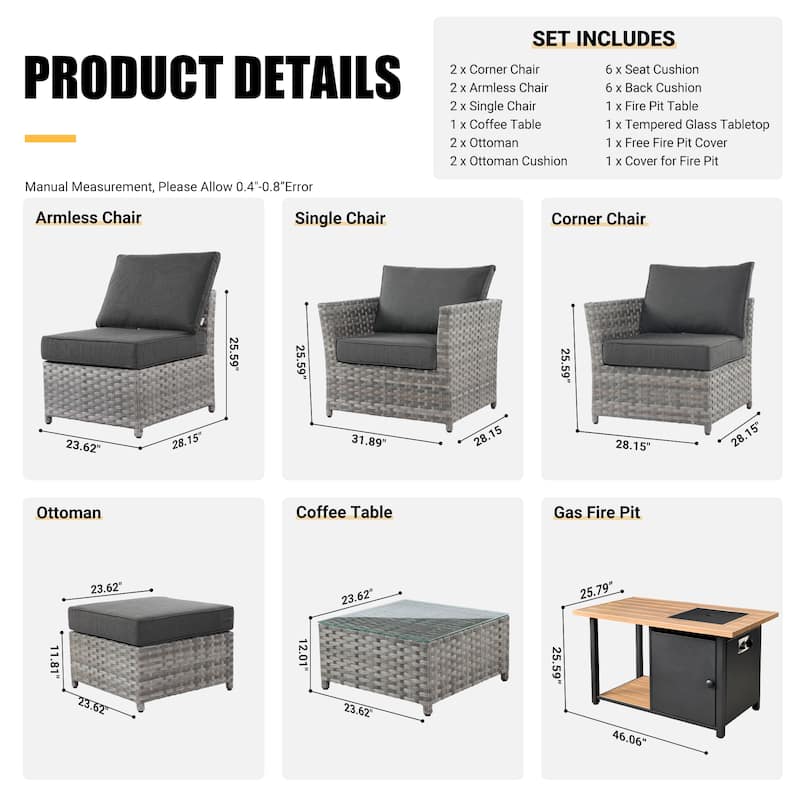 HOOOWOOO 10-piece Grey Wicker Patio Outdoor Furniture Set with Fire Pit