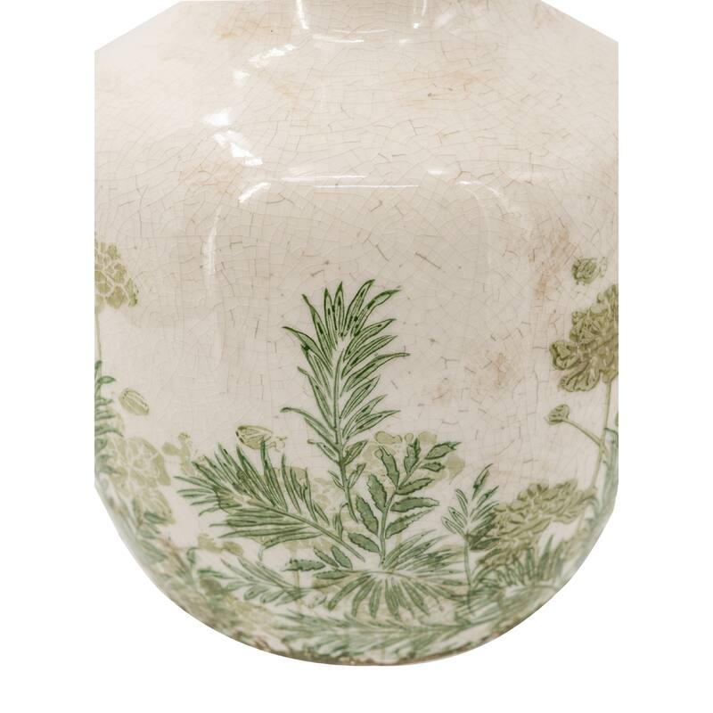 6.9x6.9x10" White Ceramic Vase With Green Floral Motif