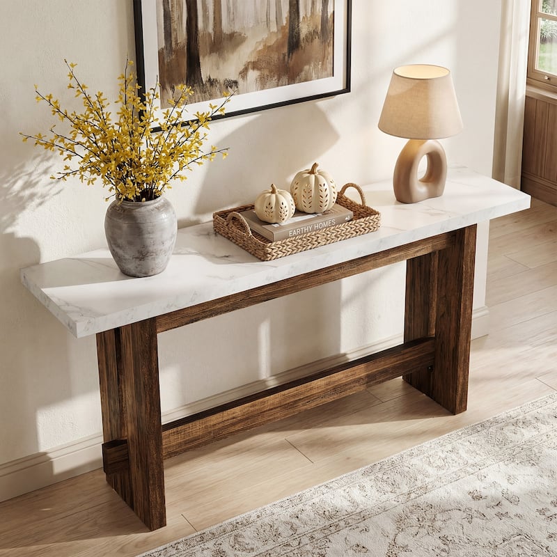 Farmhouse Wood Console Table, 63" Entryway Table with Faux Marble Top