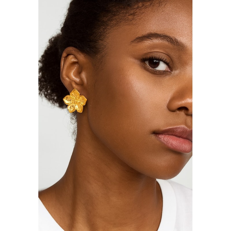 Polished Flower Motif Stud Earrings - 1.5" Long