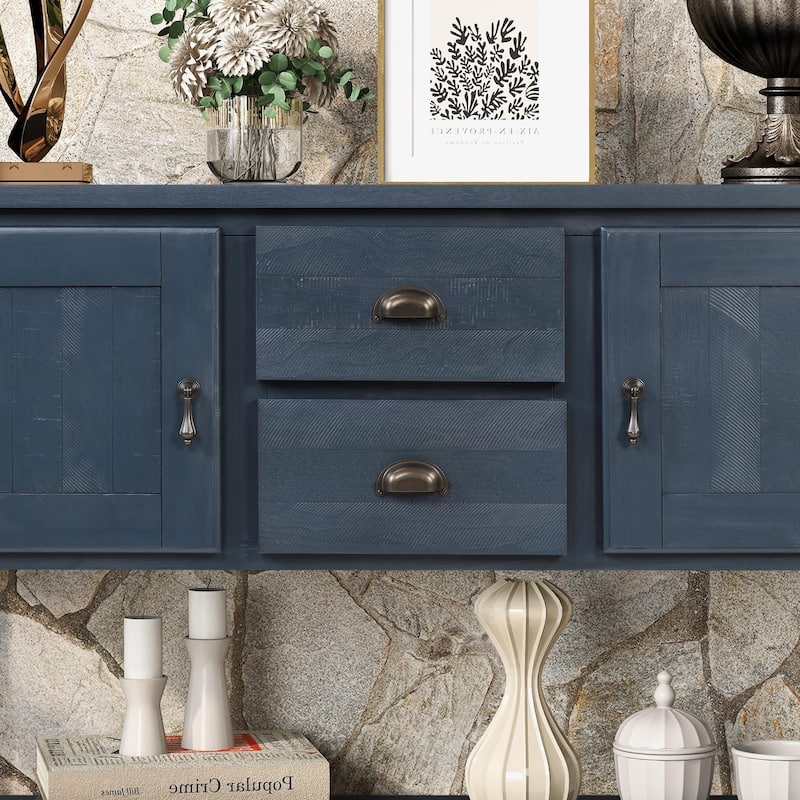 Retro 48 Inch Solid Wood Console Sideboard - 2 Drawers & Cabinets, Navy Blue