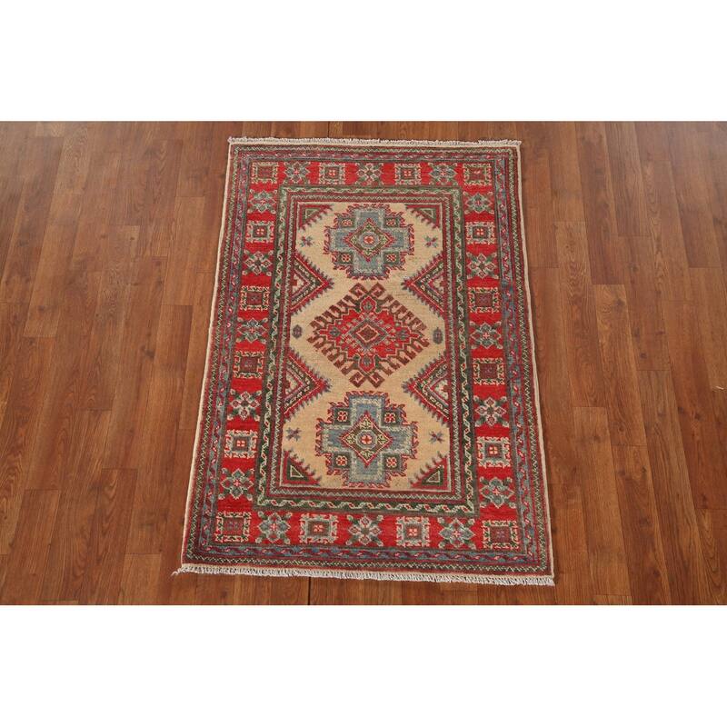 Geometric Kazak Accent Rug Handmade Oriental Beige Wool Carpet - 2'9"x 4'0"
