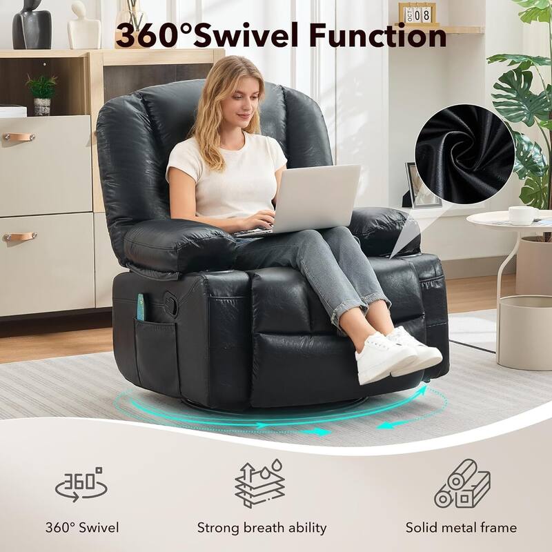 360° Swivel PU Leather Massage and Heating Rocker Recliner Chairs for Living Room, Bedroom