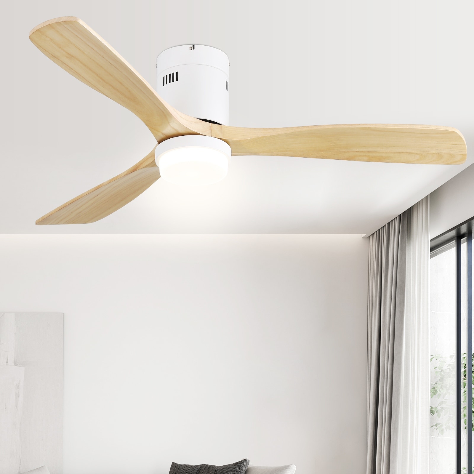 52 Inch Flush Mount Ceiling Fan with Light and Remote,Solid Wood Blades - 52 Inches