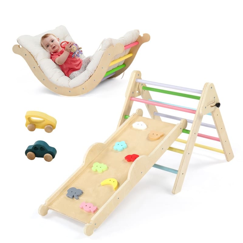 Wooden Arched Children's Climbing Frame with Plastic Basin Cushion - 9-in-1