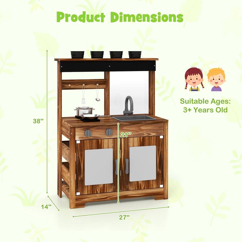 Brown Fir Wood Outdoor Play Kitchen with Sink, Pots, Blackboard and DIY Board - 27" L × 14" W × 38" H