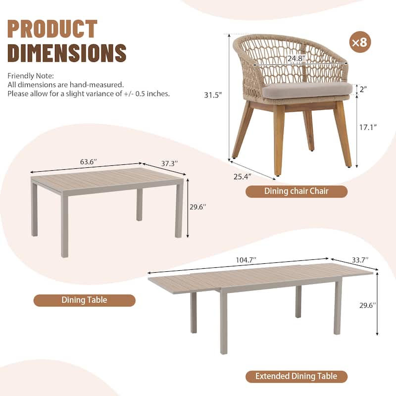 Extendable Outdoor Dining Set with Woven Rope Back Chairs with Cushions and All-Weather Aluminum Patio Table