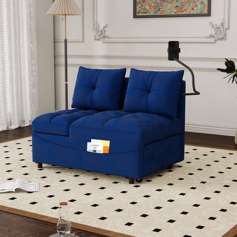 Velvet Pull-Out Bed Loveseat Sofa, Adjustable Back Tufted Futon Sofa with USB port and swivel Phone Stand, Pockets