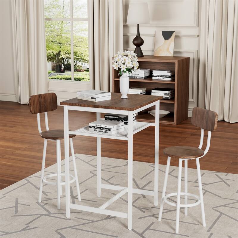 Bar Table,Equipped with 2 Bar Stools ,with Backrest and Partition - Brown+White