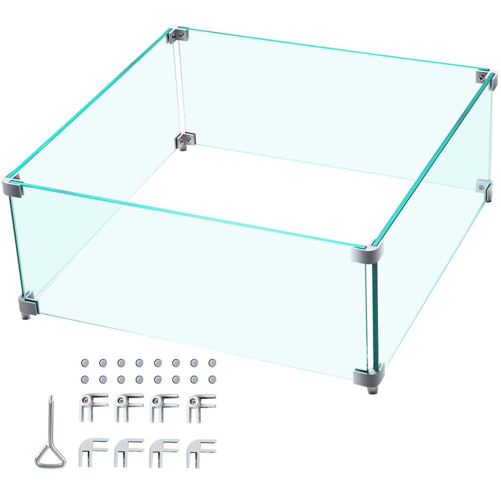 Clear Tempered Glass Fire Pit Guard with Alloy Brackets - 14" L x 14" W x 6" H