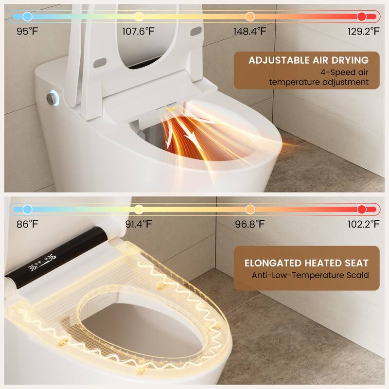 Elongated Smart Toilet Bidet 0.92/1.28 GPF in White with Multi Washing, Auto Open/Close/Flush, UV Sterilization